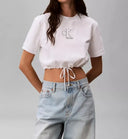 T-shirt Crop Donna Calvin Klein Bianca con laccetto e Logo CK
