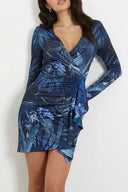 Abito Donna Mini Drappeggiato con Stampa Floreale Blu Guess