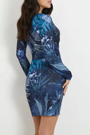 Abito Donna Mini Drappeggiato con Stampa Floreale Blu Guess